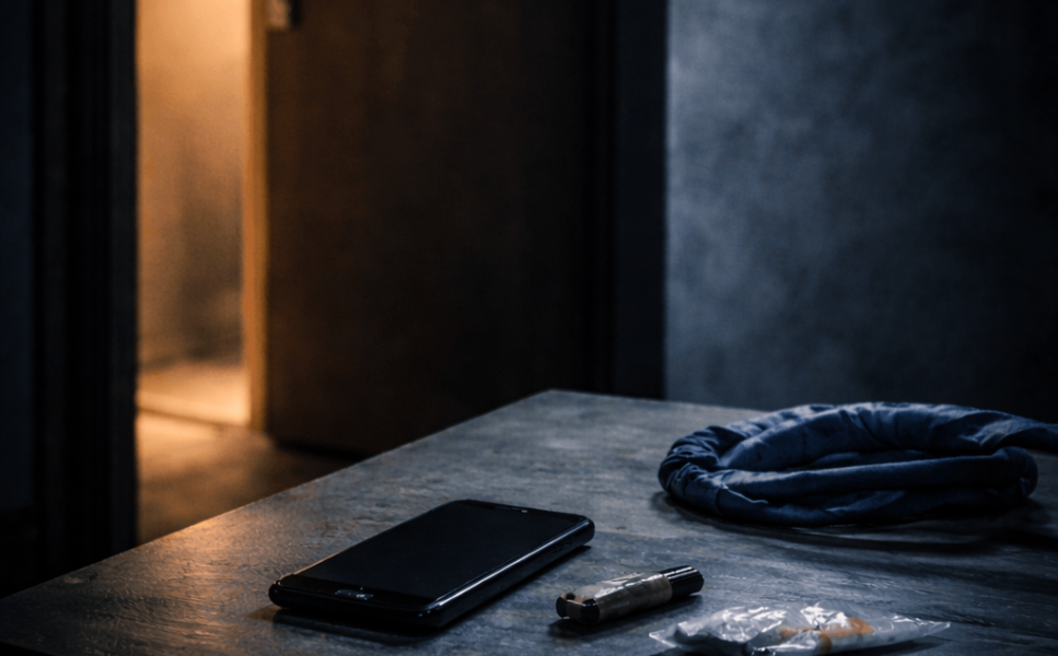 Dark empty room with a phone, lighter and bag on a table. In the distance is an ajar door showing light into the next room.